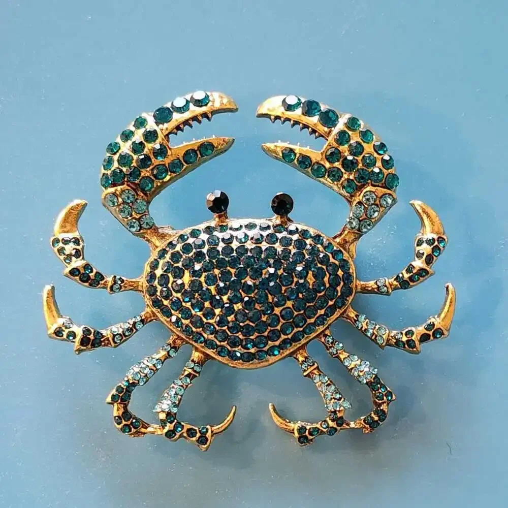 Stunning Crab Brooch Blue Green Rhinestones Goldtone Metal